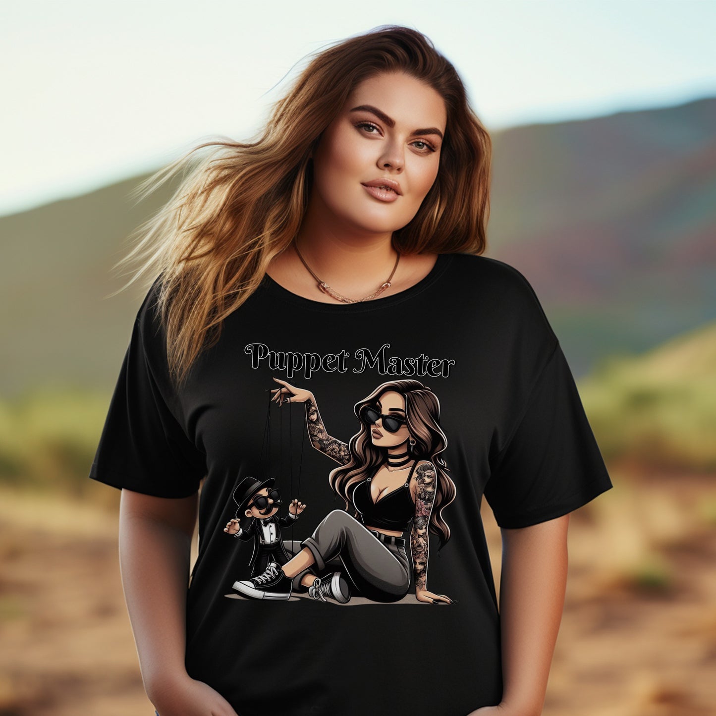 Plus Size Black T-Shirt with Puppet Master Graphic, Tattoo Art Style, Casual Women's Tee, Trendy Streetwear Fashion Top