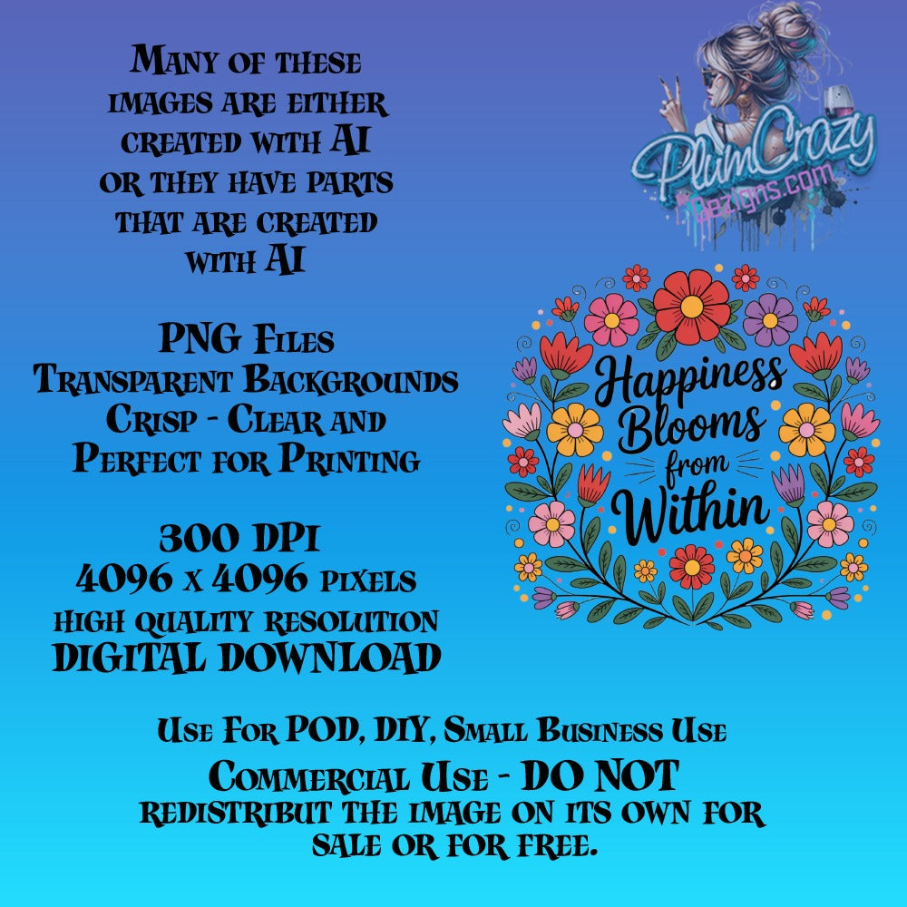 Floral Happiness Blooms from Within Graphic, Digital Download, High-Resolution PNG, Commercial Use, DIY Crafting Image 4096x4096 Pixels