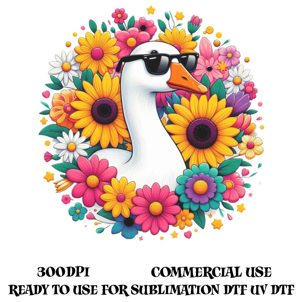 Colorful Duck with Sunglasses and Flowers Graphic, Commercial Use, Sublimation Design, UV DTF Ready, 300dpi Digital Download