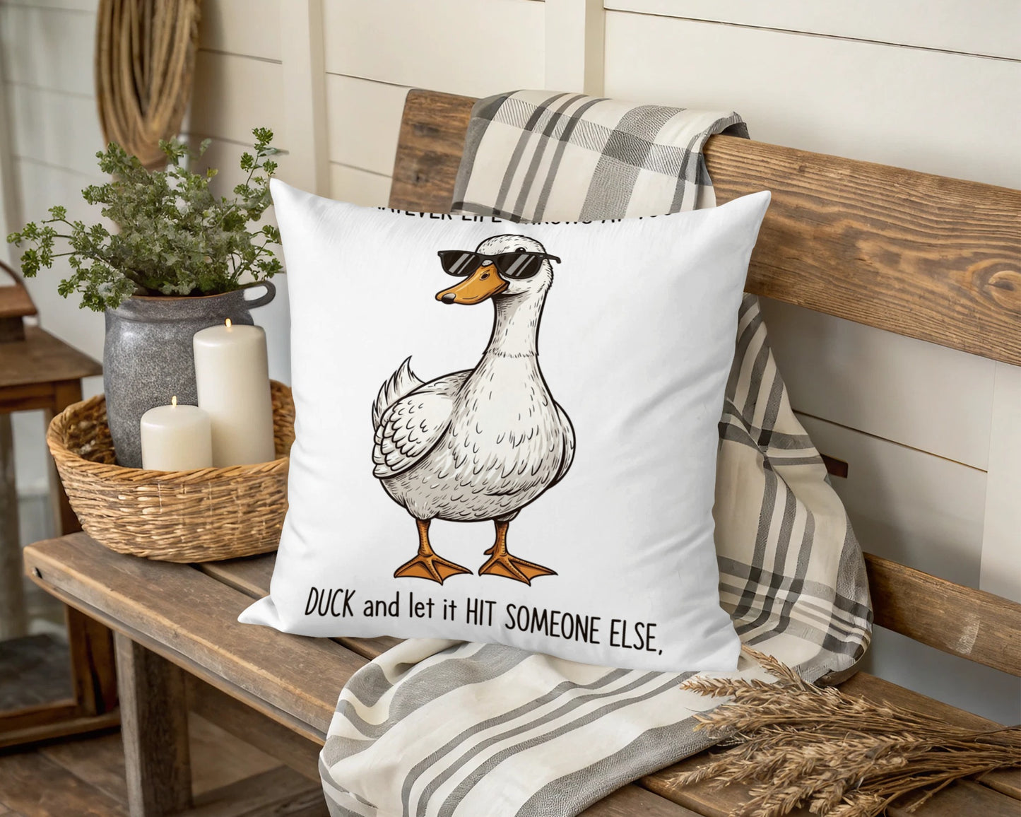 Funny Duck Pillow Cover, Farmhouse Decor, White Cushion with Humorous Quote, Animal Illustration
