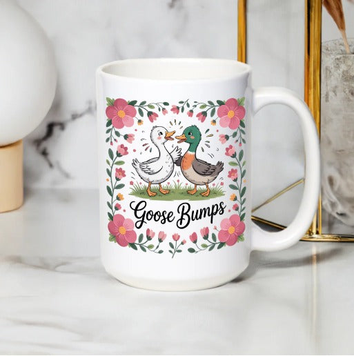 Goose Bumps Floral Mug, Duck and Goose Coffee Cup, Cute Bird Illustration, Spring Flowers Decor, Gift Idea for Bird Lovers
