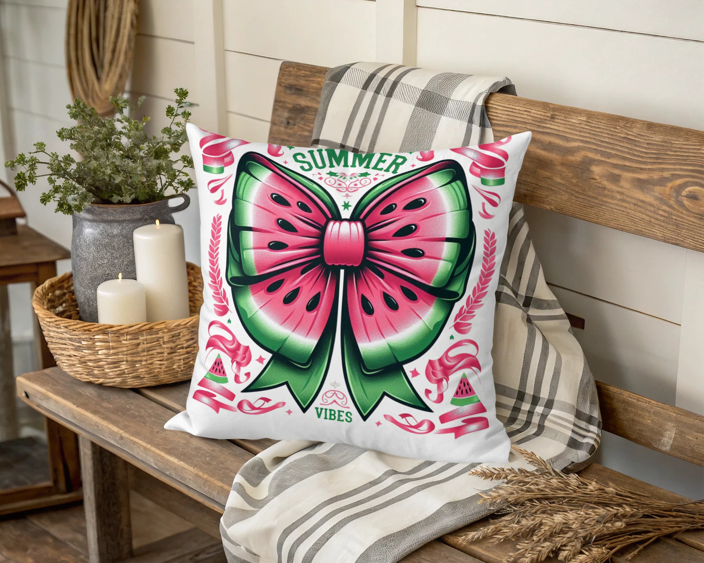 Summer Vibes Decorative Throw Pillow, Pink Green Bow Design, Tropical Home Decor, Beach House Cushion