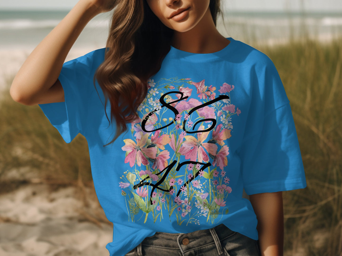 Blue Graphic Floral Design T-Shirt Summer Apparel product type