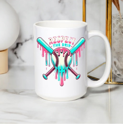Respect the Drip Baseball Coffee Mug, Colorful Sports Themed Ceramic Cup, Unique Gift for Baseball Lovers, Home and Office Use