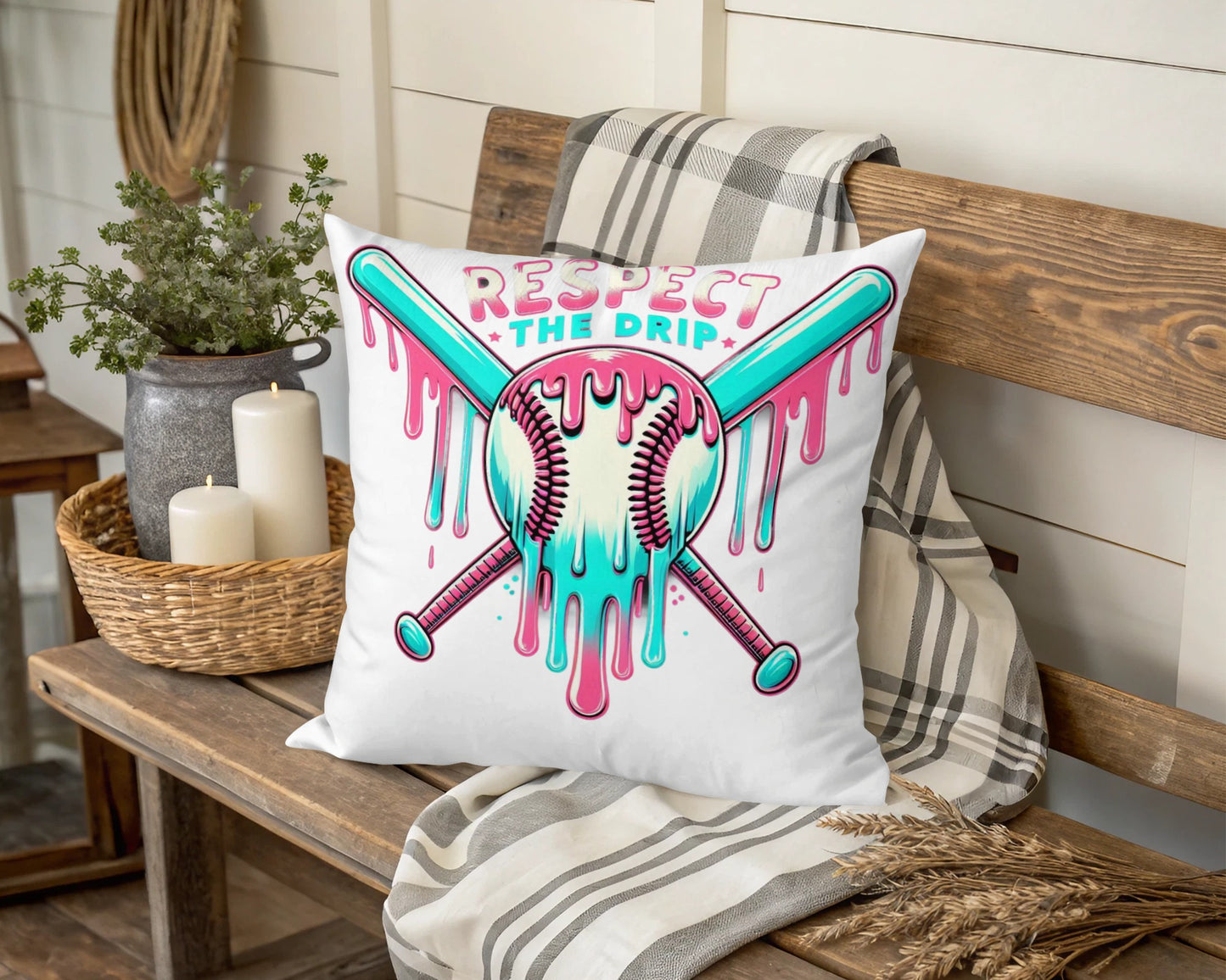Respect the Drip Baseball Softball Melting Design Throw Pillow, Colorful Sports Home Decor, Unique Couch Accessory