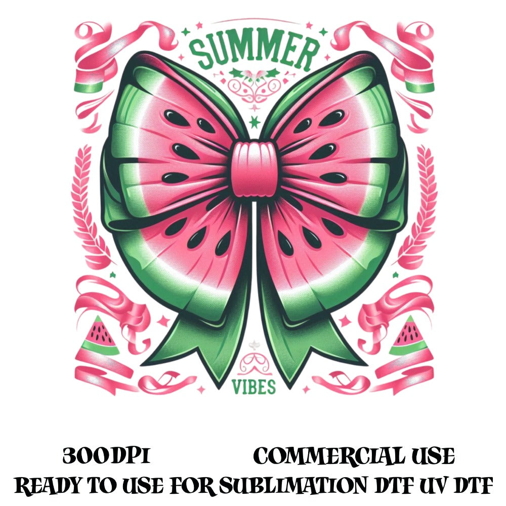 Summer Vibes Watermelon Bow Graphic, Sublimation Design for T-Shirts, Digital Download, Commercial Use, 300dpi UV DTF Transfer