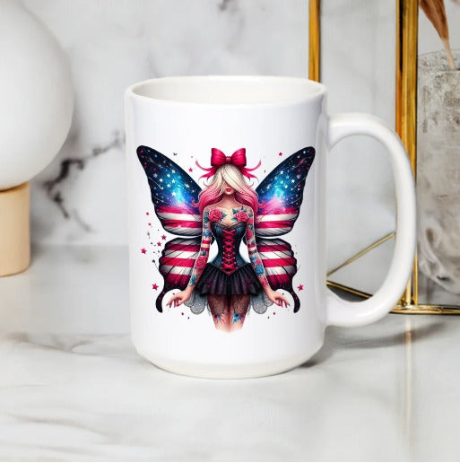 Fairy Angel Mug, Galaxy Wings Fantasy Art, Unique Coffee Cup, Decorative Kitchen Gift, Red Bow Ceramic Mug