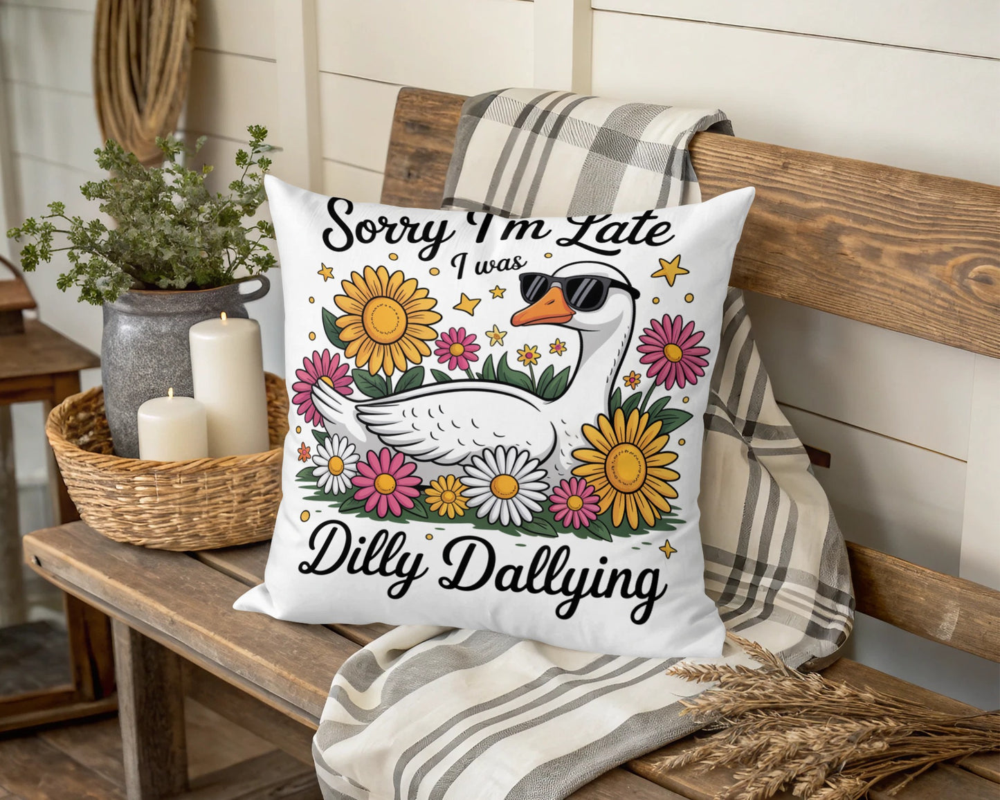 Whimsical Goose Floral Pillow, 'Sorry I'm Late' Funny Quote, Colorful Daisies, Home Decor Accent