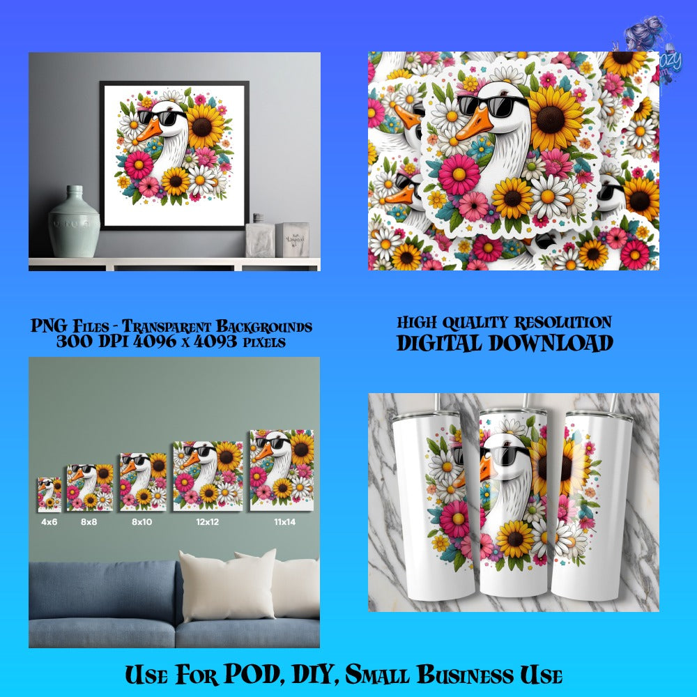 Colorful Daisy and Bird Print PNG Digital Files, High Quality Resolution, DIY POD Crafts