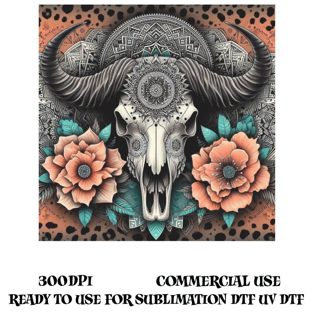 Boho Bull Skull Print, Floral Mandala Art, Sublimation DTF UV Ready, 300DPI High Resolution Commercial Use Digital Download