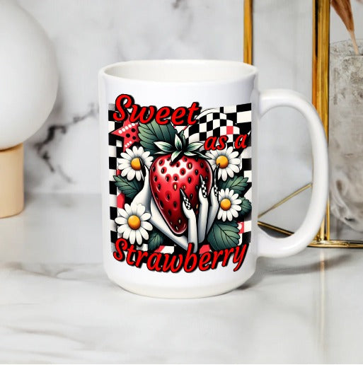 Sweet as a Strawberry Mug, Retro Style, Checkered Pattern, Floral Accents, Unique Coffee Cup Gift