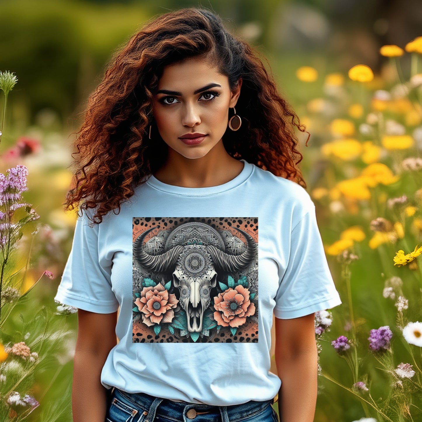 Boho Skull T-Shirt, Floral Bull Skull Print, Women's Graphic Tee, Trendy Summer Fashion Top