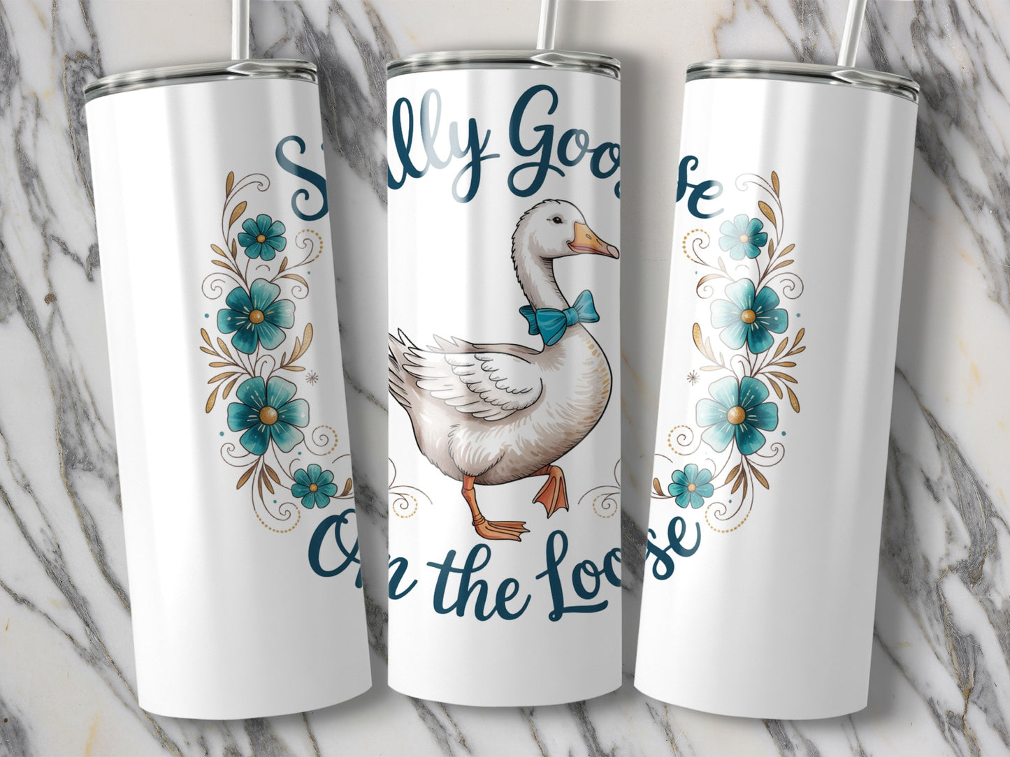 Stainless Steel Tumbler with Goose and Flowers Design, Insulated Travel Mug, Unique Gift Idea