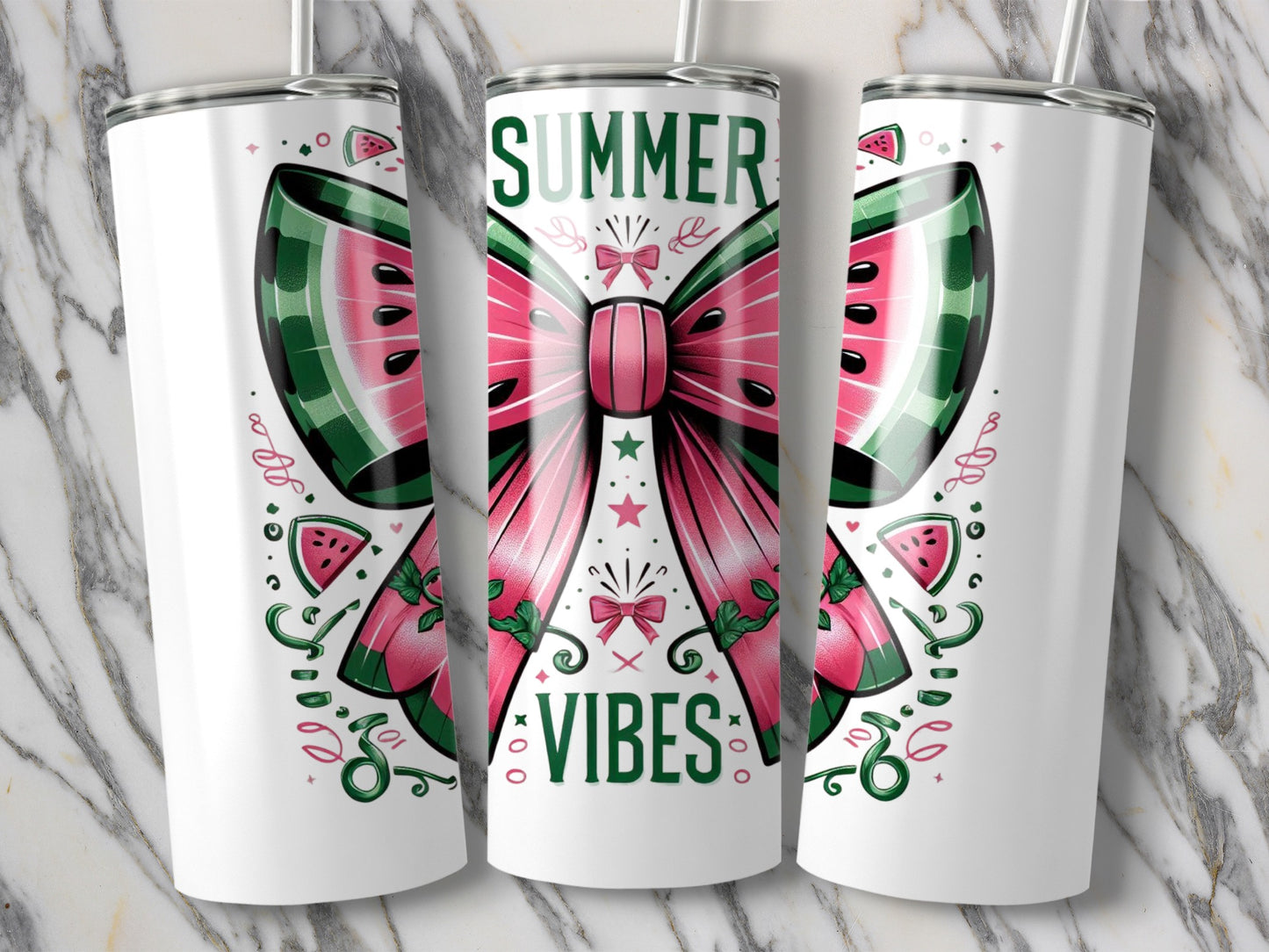 Summer Vibes Watermelon and Bow Tumbler, Stainless Steel Insulated Travel Mug, Pink Green Beach Cup