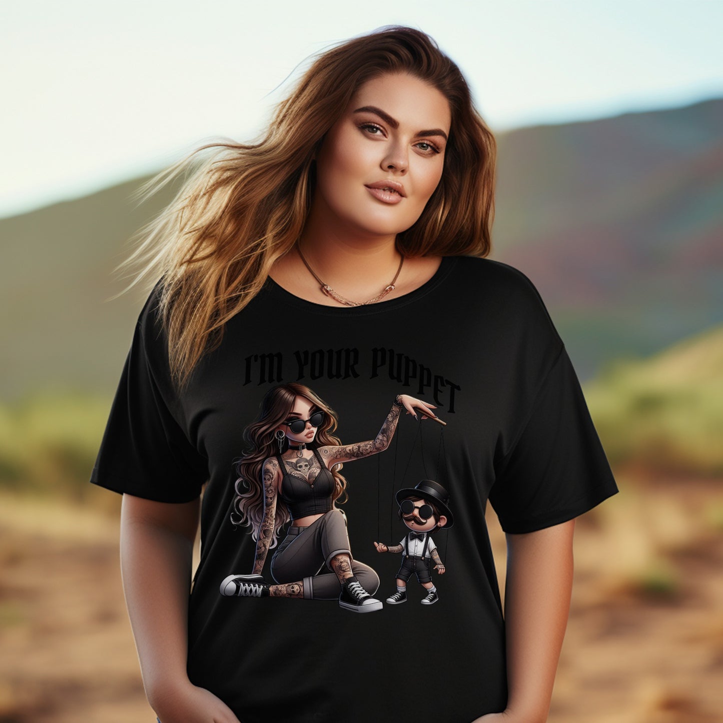 Women's Plus Size Black T-Shirt with 'I'm Your Puppet' Graphic, Trendy Ventriloquist Design Tee