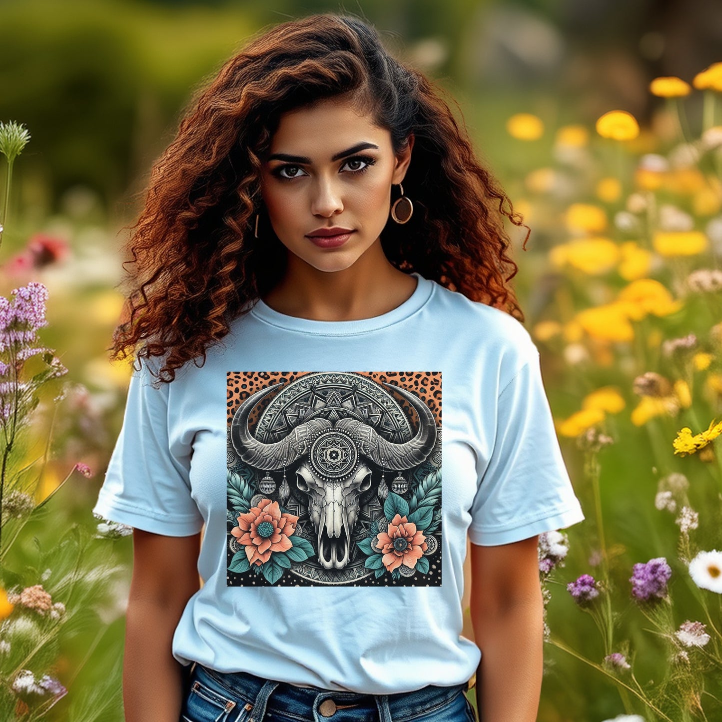 Women's Graphic Tee, Floral Skull Print, Light Blue T-shirt, Bohemian Style Top, Casual Summer Fashion, Trendy Streetwear Clothing