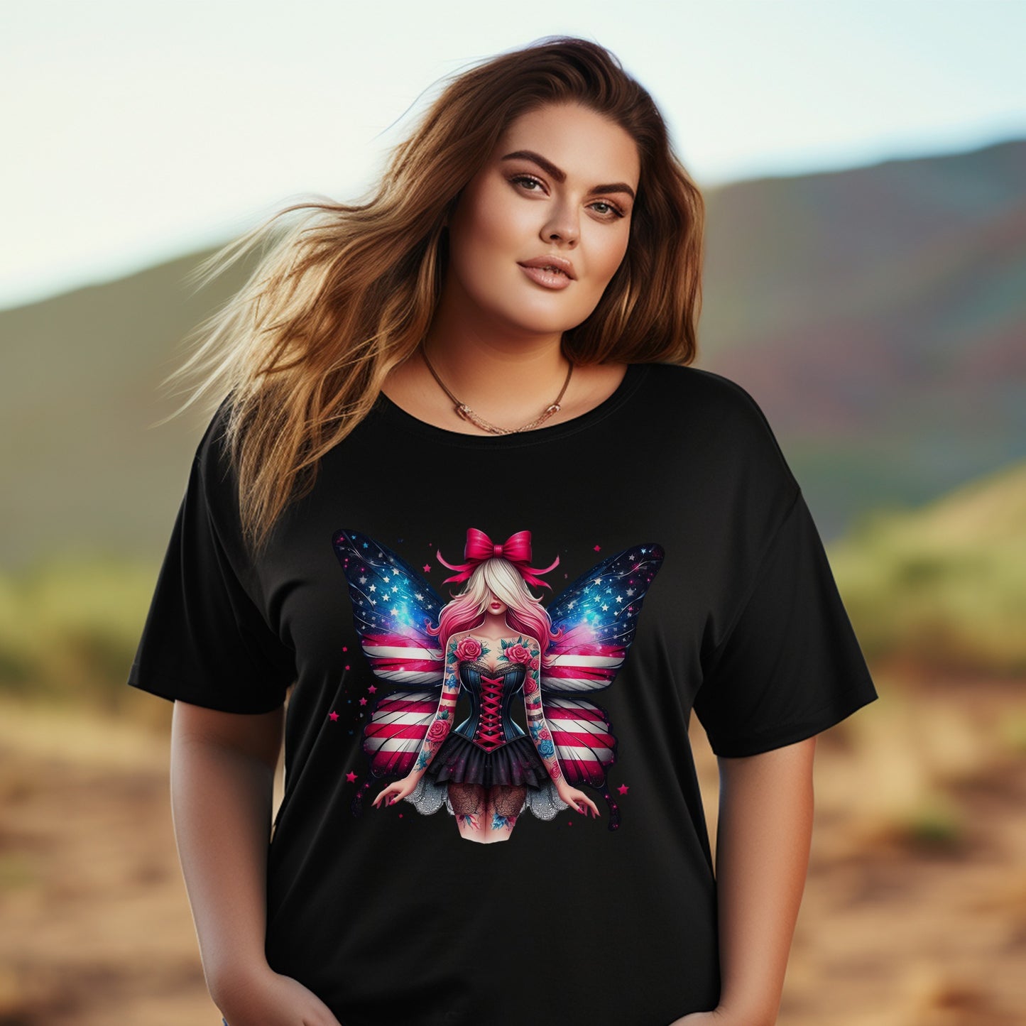 Women's Graphic Tee, Patriotic Fairy Butterfly Design, Casual Black T-Shirt, Plus Size Available