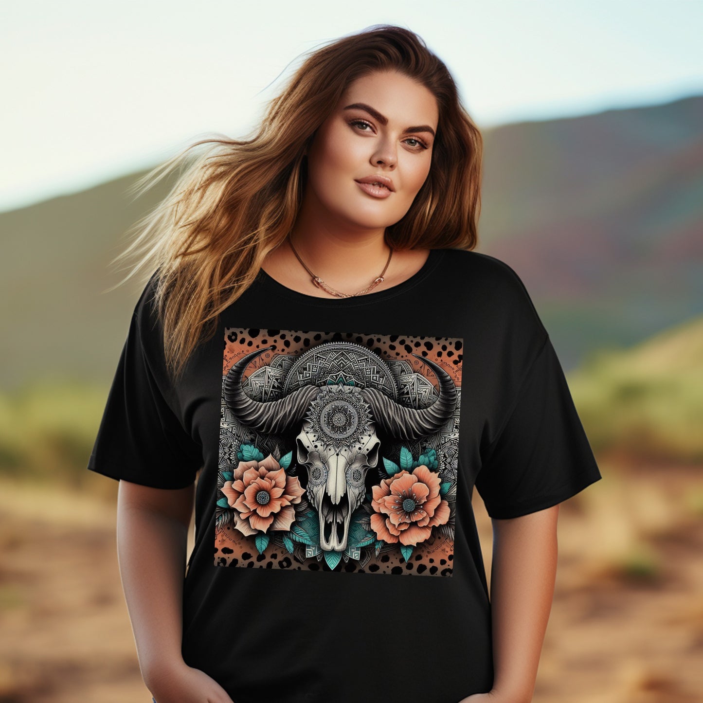 Plus Size Boho T-Shirt with Skull and Floral Print, Casual Graphic Tee for Women, Trendy Nature Inspired Top
