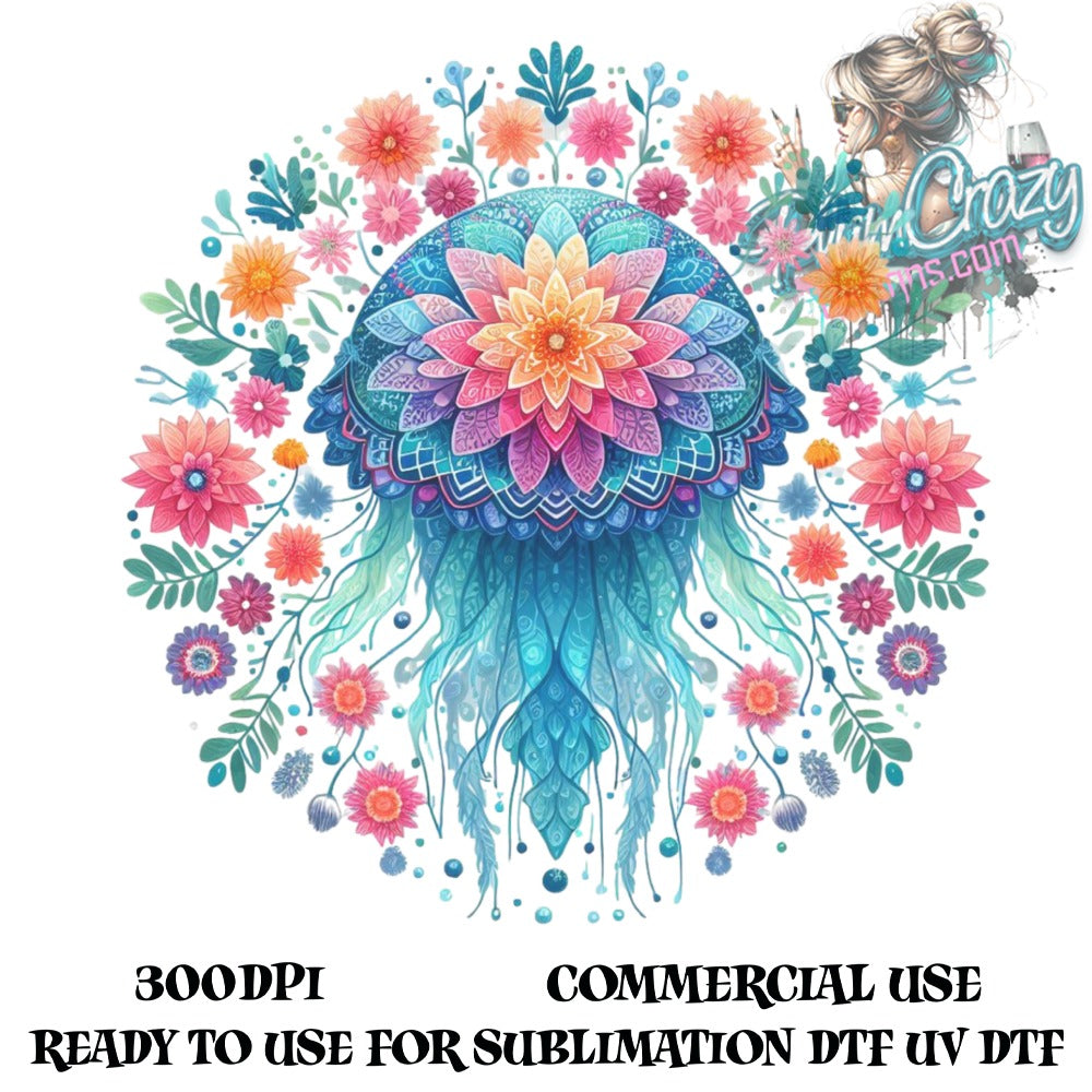 Colorful Mandala Jellyfish Design, Floral Ocean Art for Sublimation, High Quality 300dpi Digital Print, Commercial Use, UV DTF Ready