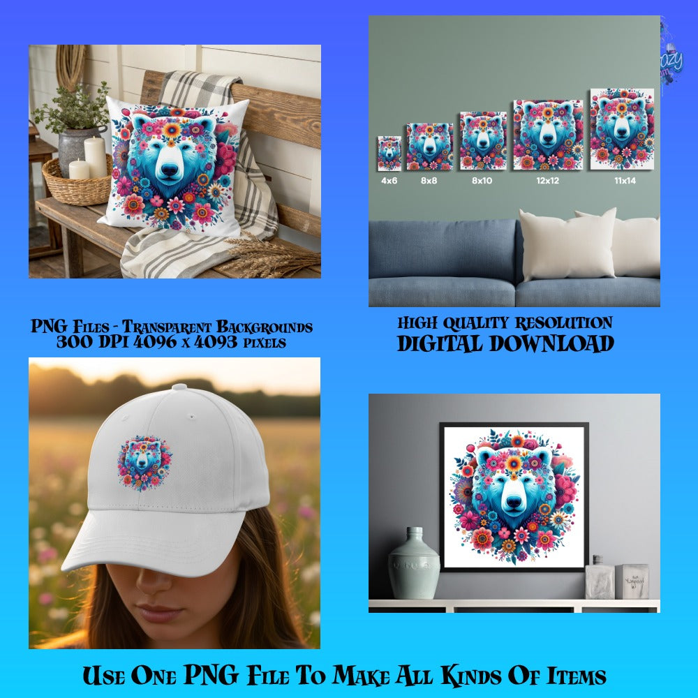 Floral Bear Design PNG for T-Shirts, Cushions, Hats, High Quality Digital Download Art