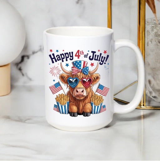 4th of July Mug, Patriotic Highland Cow with American Flag and Fireworks, Red White and Blue Decor, Independence Day Coffee Cup