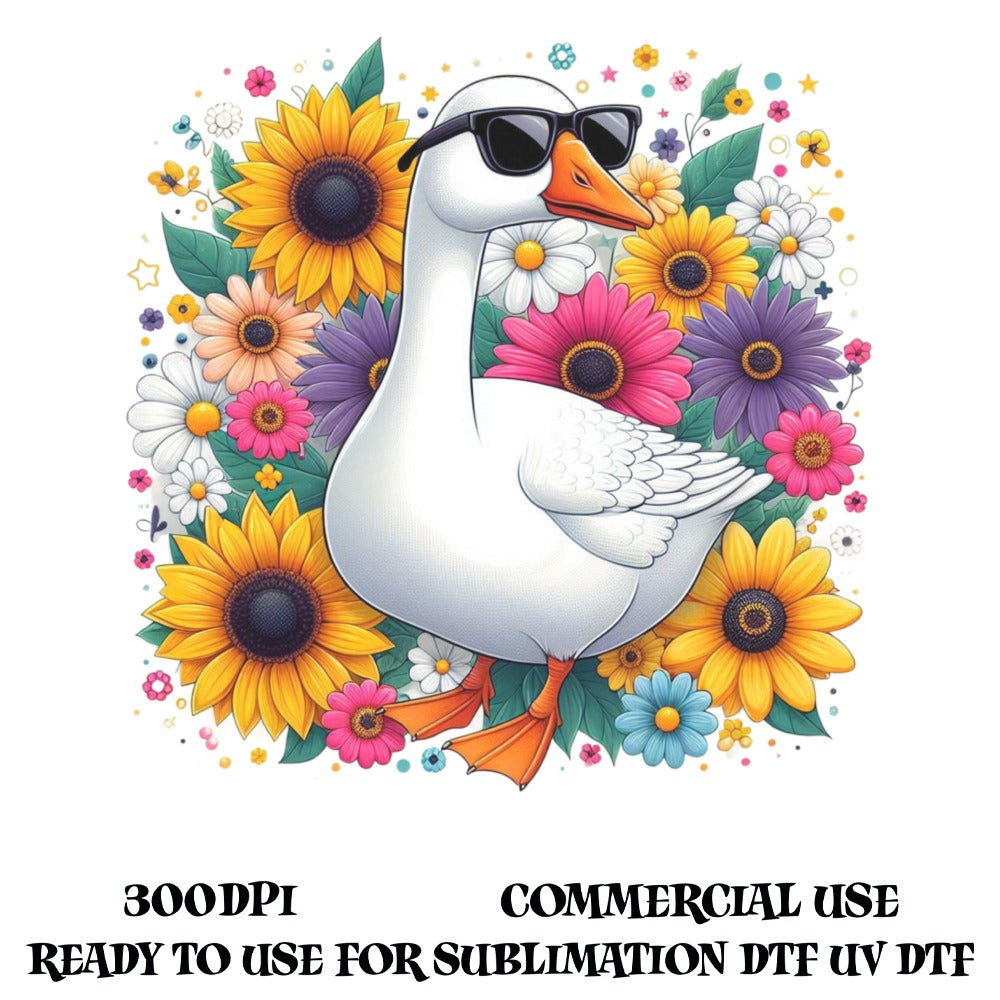 Cool Sunglasses Duck Clipart, Sunflower Floral Background, Commercial Use, Sublimation Design, Digital Download, UV DTF Print Ready
