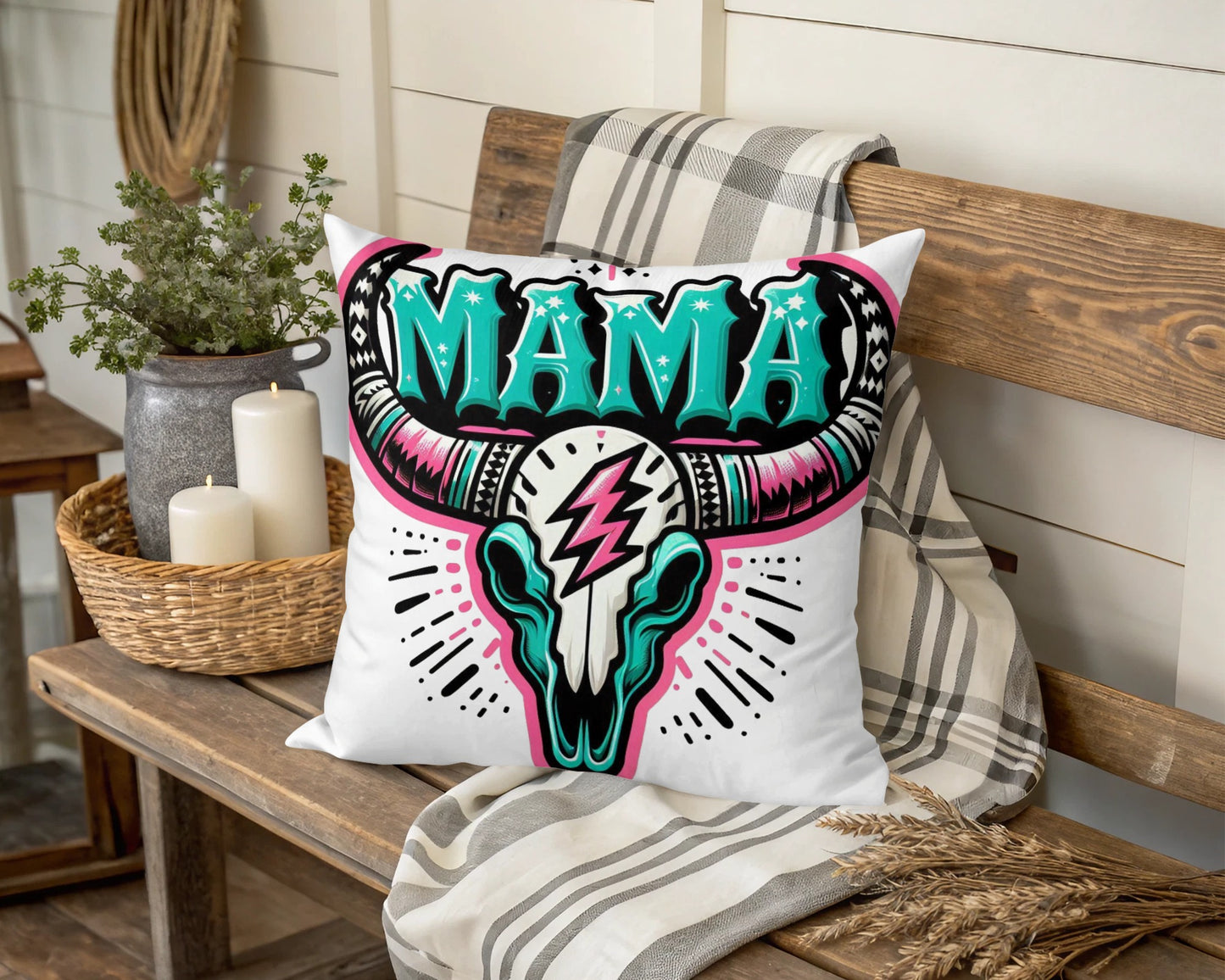 Colorful Mama Bull Skull Throw Pillow, Boho Chic Home Decor, Decorative Couch Cushion, Unique Gift for Mom