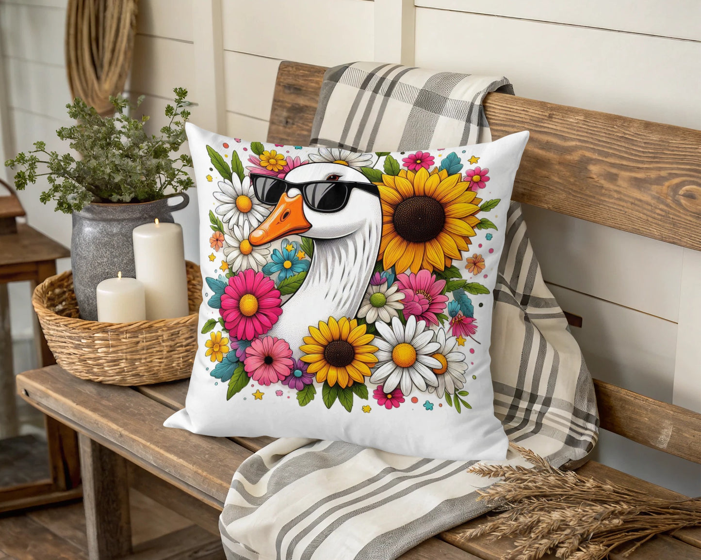 Colorful Floral Goose Print Throw Pillow, Vibrant Farmhouse Decor, Sunflower Accent Cushion