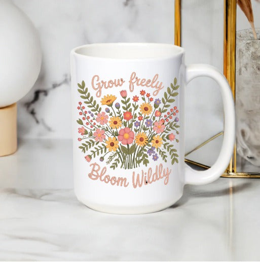 Floral Inspirational Mug, 'Grow Freely Bloom Wildly' Quote, Ceramic Coffee Cup, Perfect Gift for Garden Lovers