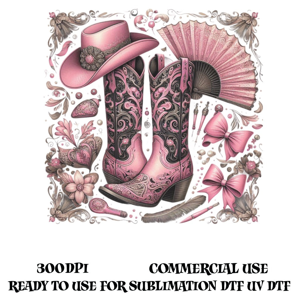 Western Cowboy Boots and Hat Illustration, Pink Floral Design, Digital Download Art, Sublimation Graphics, Commercial Use, Vintage Style