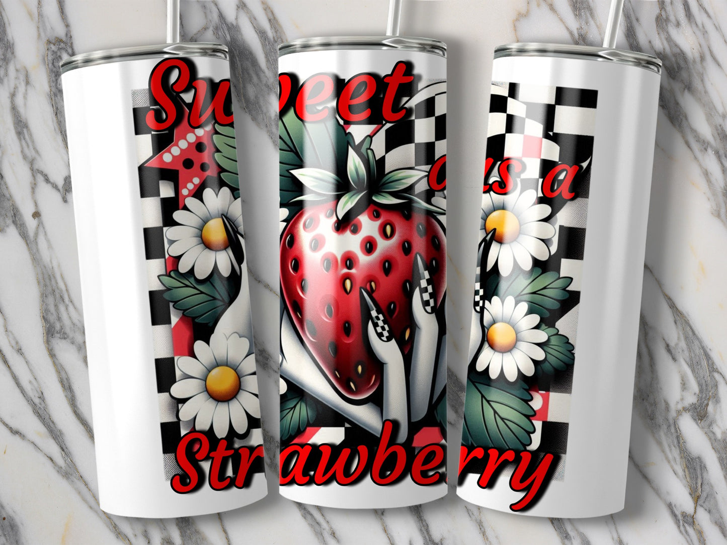 Sweet as a Strawberry Tumbler, Retro Style Floral and Fruit Design, 20oz Insulated Drinkware, Checkered Pattern