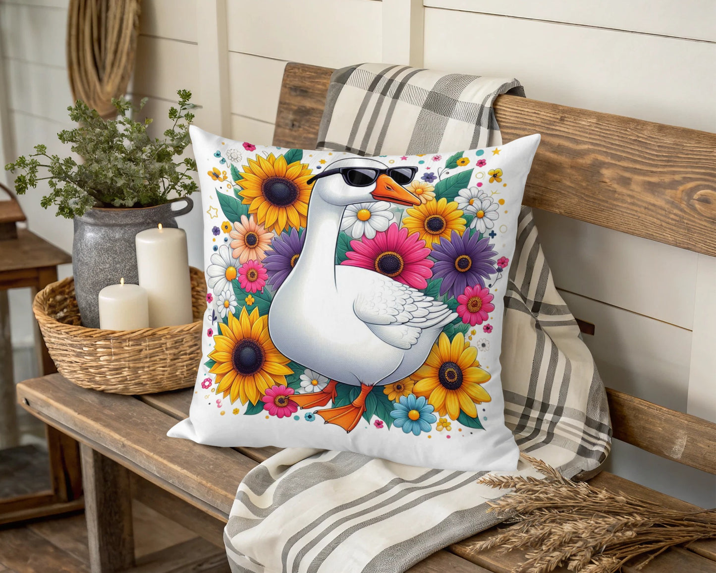 Colorful Floral Dove Pillow Cover, Decorative Throw Pillow, Bird with Sunglasses Design, Home Decor