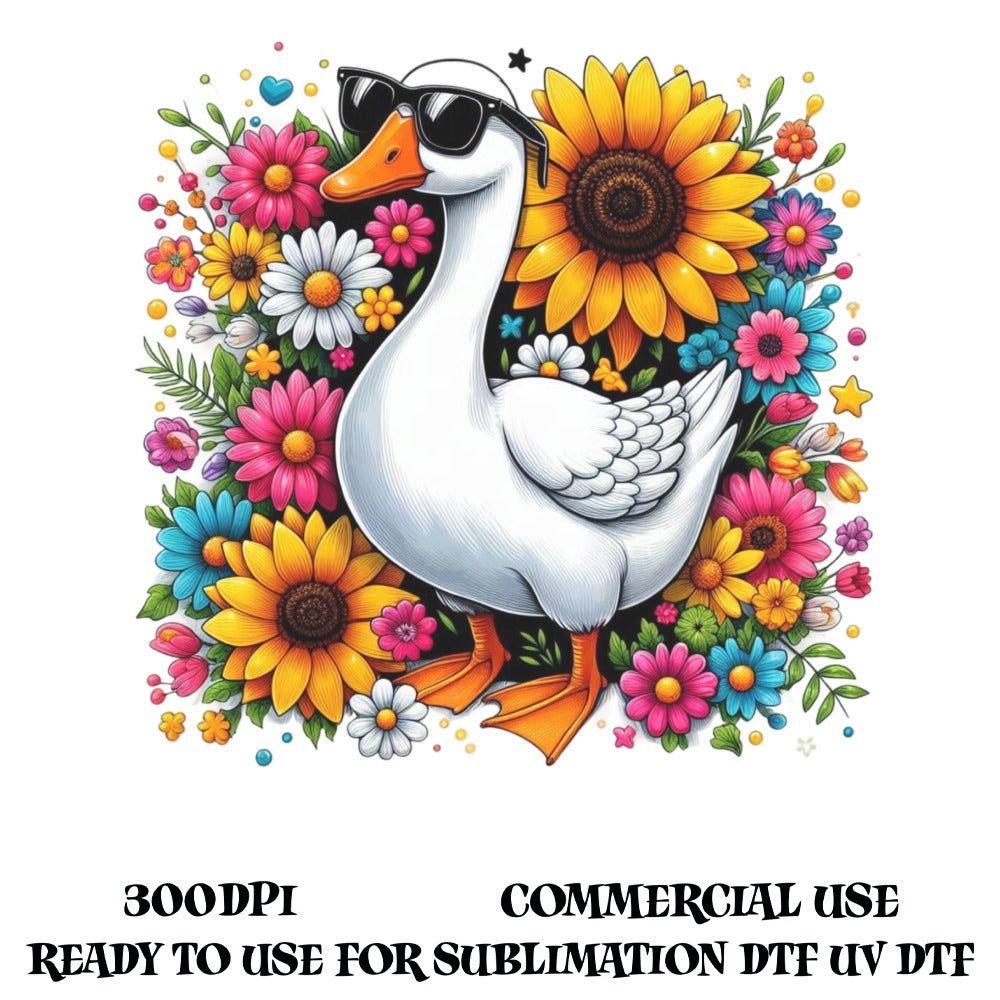 Colorful Goose and Sunflowers Graphic T-Shirt Design, Digital Download, Sublimation Graphics, Commercial Use, DIY Craft Project, 300DPI UV