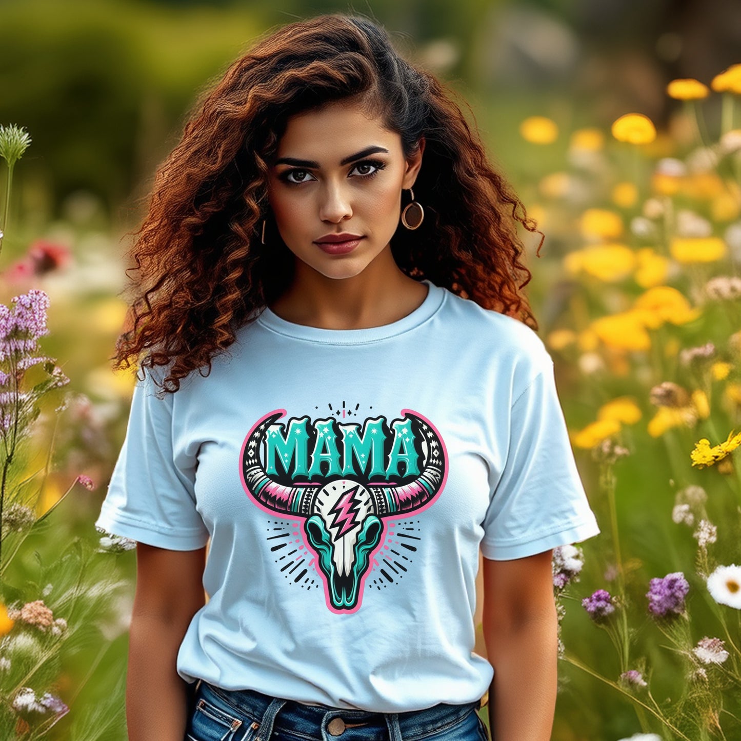 Women's Mama Graphic T-Shirt, Boho Chic Style, Casual Cotton Tee, Trendy Mom Gift, Floral Background, Fashionable Summer Top