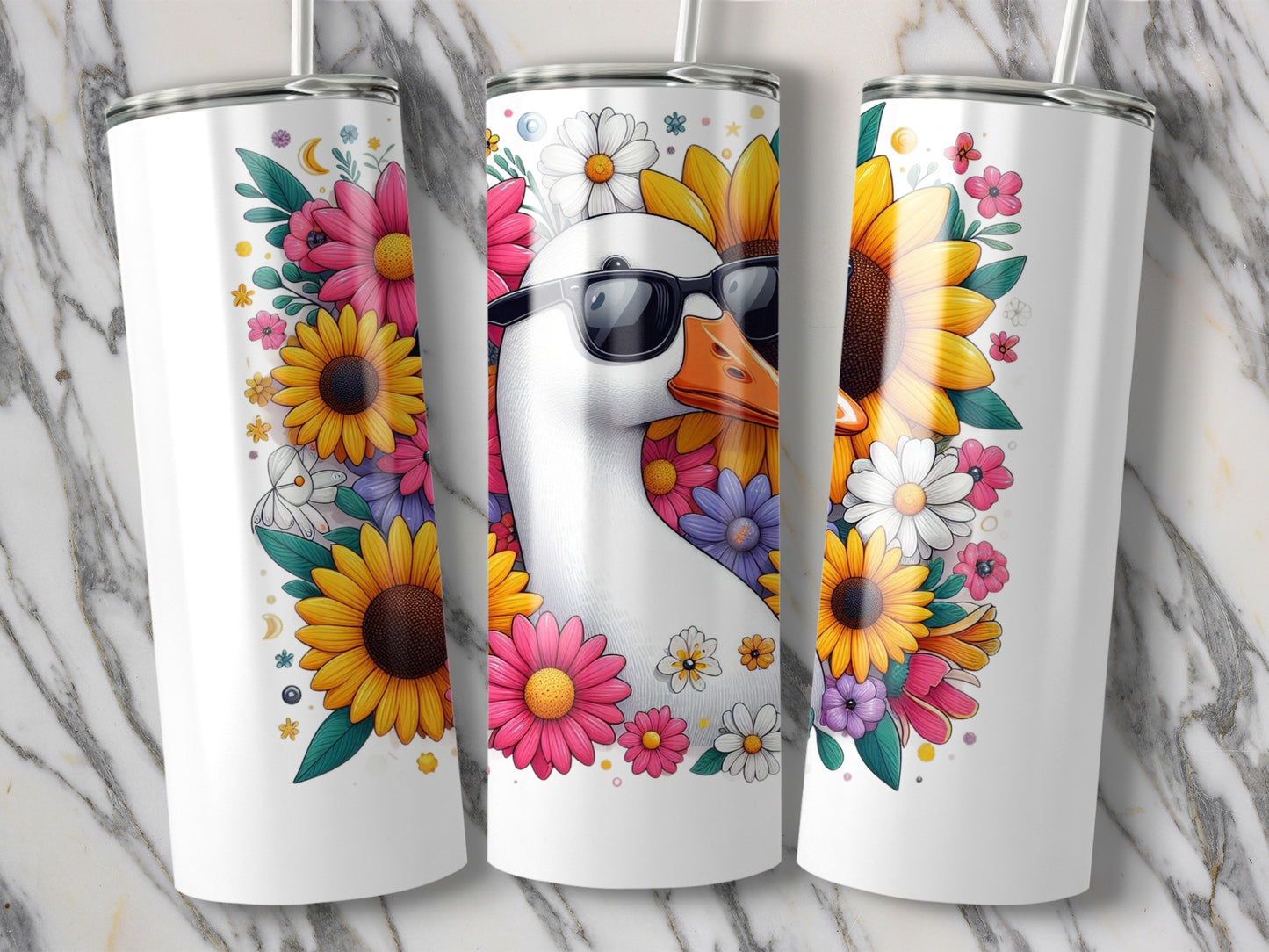 Floral Insulated Tumbler, Sunflower Duck Design, Stainless Steel Water Bottle, 20 oz Drinkware with Straw