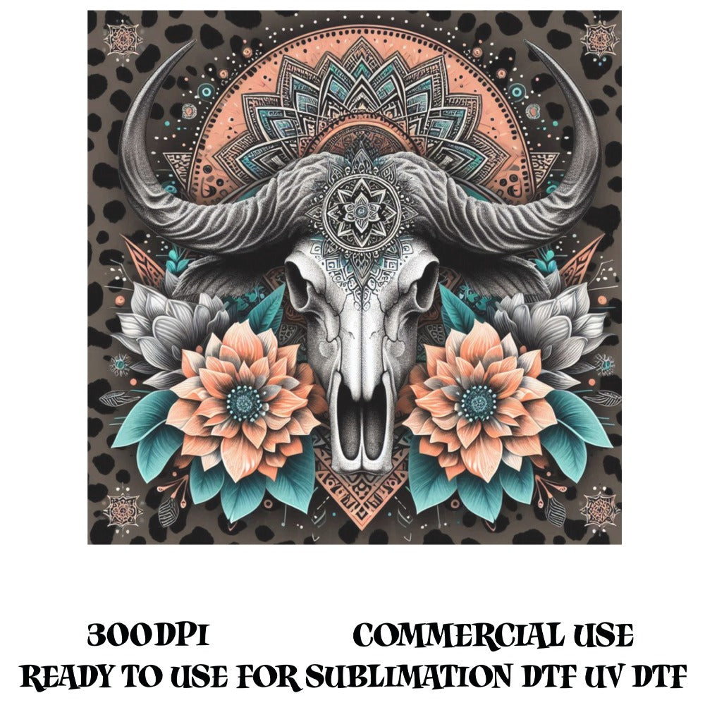 Boho Bull Skull Wall Art, Mandala Floral Animal Print, Sublimation Design, Digital Download, Home Decor, Tribal Ethnic Poster, 300 DPI