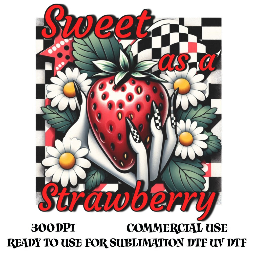 Sweet as a Strawberry DTF UV Sublimation Design, 300dpi, Commercial Use, Floral Graphics, Red Fruit Illustration