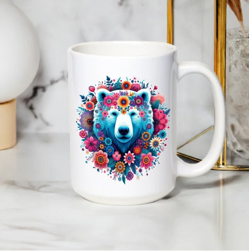 Colorful Bear Floral Mug, Vibrant Blue Bear Art Coffee Cup, Unique Flower Pattern Animal Mug for Home Decor and Gifts