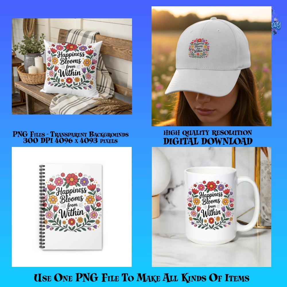Happiness Blooms Within Pillow, Cap, Notebook, Mug SET - Digital PNG Files, High-Quality Print, Home Decor and Personal Accessories