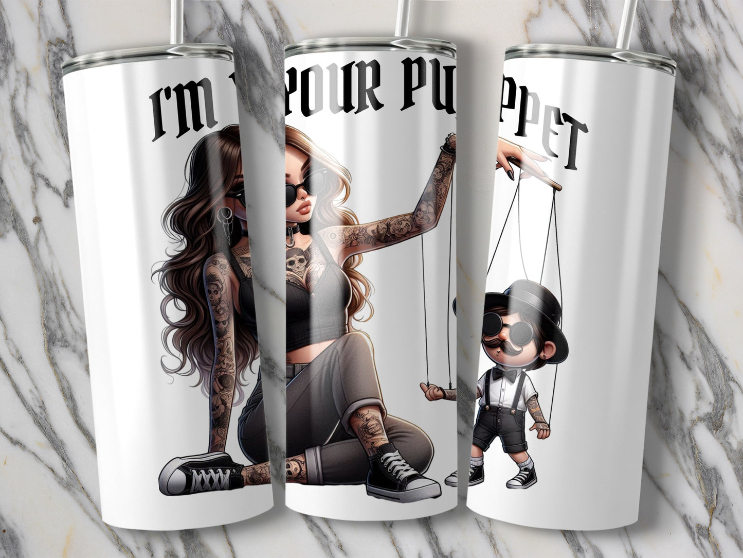 Unique Tumbler Design with Tattooed Puppeteer and Puppet Graphics, Insulated Drinkware, Gift Idea