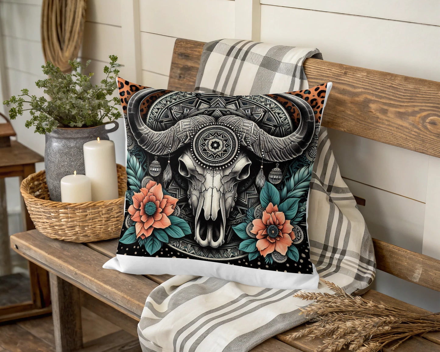 Bohemian Skull Throw Pillow Cover, Tribal Floral Cushion Case, Gothic Home Decor, Decorative Sofa Pillow, Unique Living Room Accessory