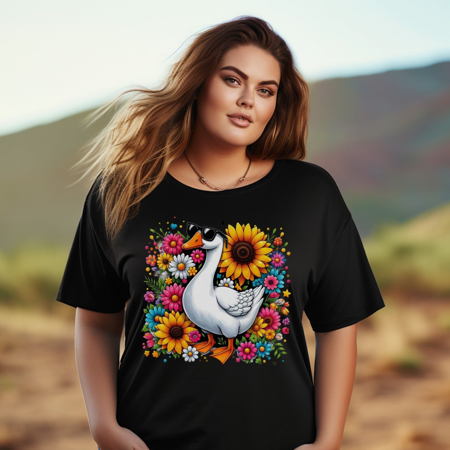 Women's Plus Size Black T-Shirt with Colorful Floral Swan Graphic, Casual Fashion Top