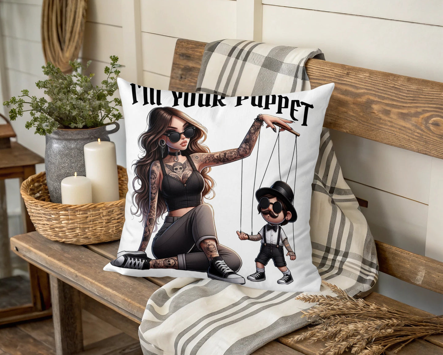 Gothic Tattooed Girl and Puppet Illustration Throw Pillow, Unique Living Room Decor, Quirky Home Accessory