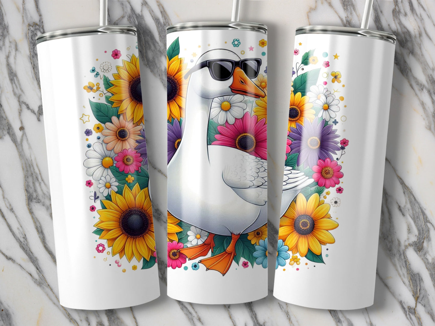 Floral Pigeon Tumbler with Straw, Stylish Bird and Sunflower Print, Insulated Stainless Steel Drinkware, Cool Gift Idea