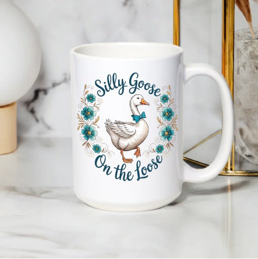 Silly Goose On The Loose Coffee Mug, Cute Duck Floral Design, White Ceramic Cup, Animal Lover Gift, Whimsical Kitchen Decor