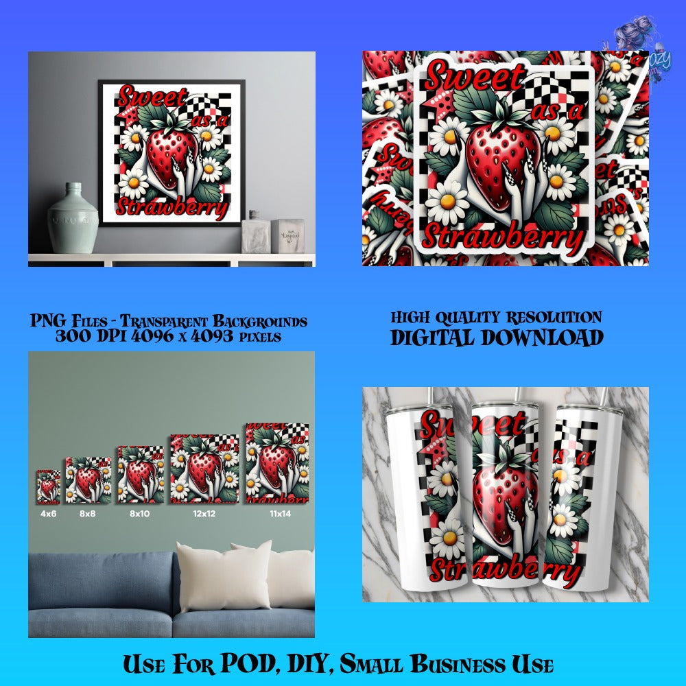 Strawberry Digital Art Printable, Sweet Text, High Resolution Files, POD DIY Small Business Use
