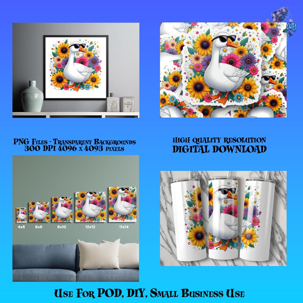 Colorful Floral Duck Artwork, High Resolution PNG Files for POD, DIY, Home Decor Digital Download