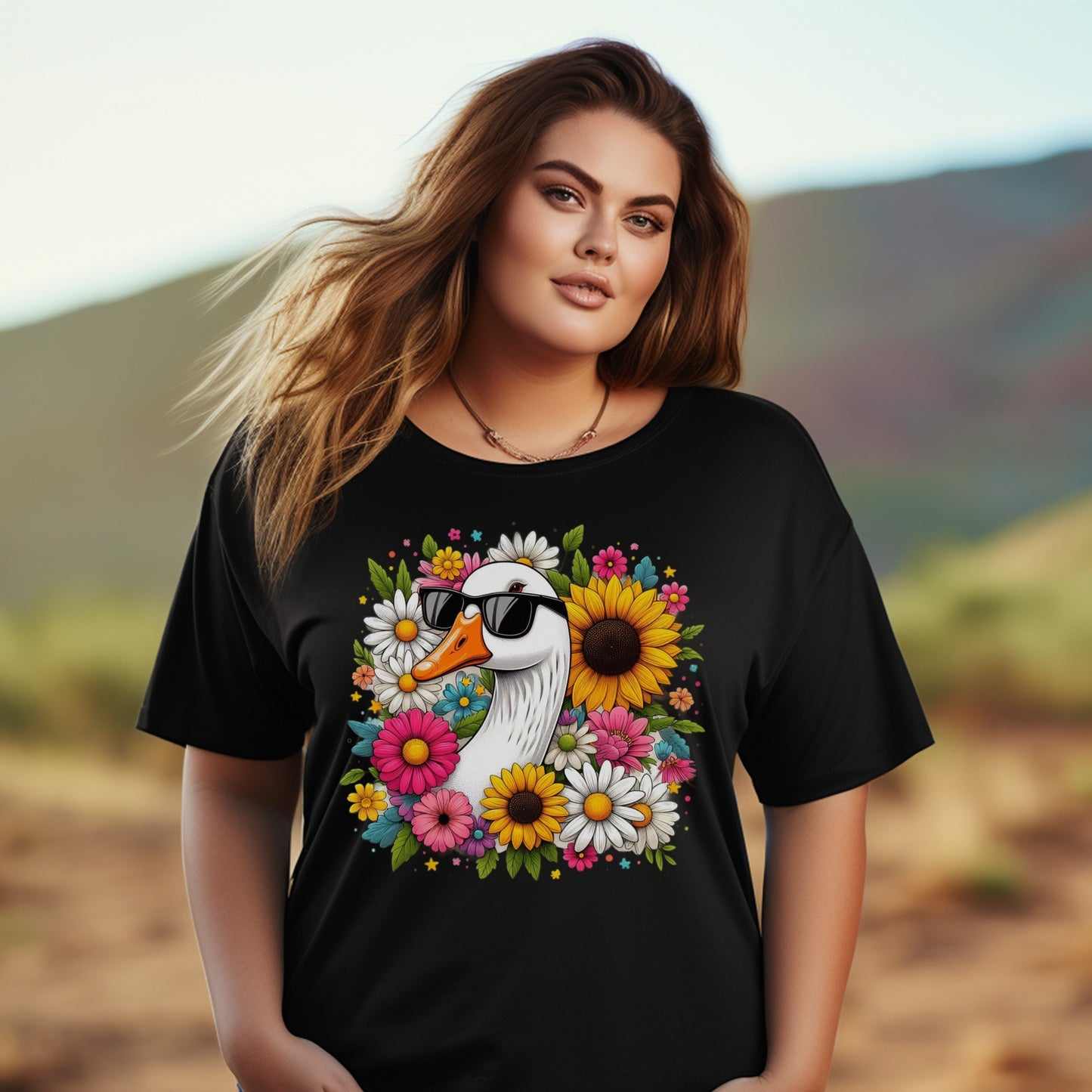 Women's Plus Size Floral Puffin T-Shirt, Colorful Sunflower Graphic Tee, Casual Summer Top