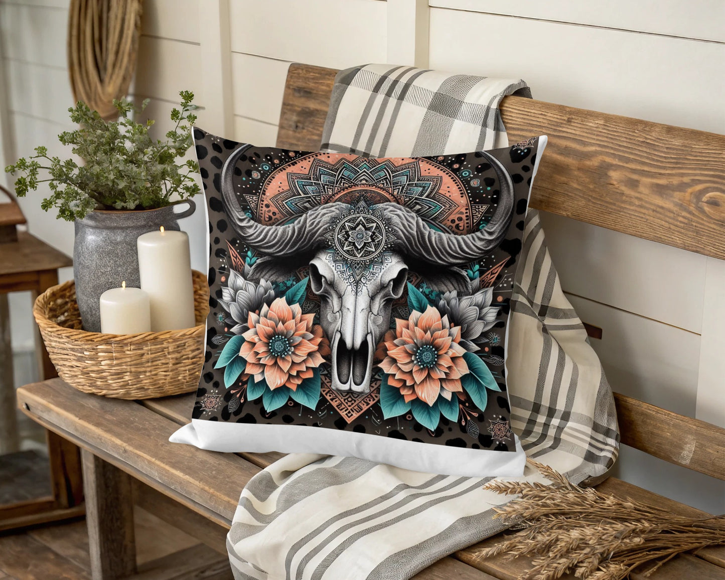 Bohemian Skull Throw Pillow Cover, Floral Mandala Cushion, Decorative Sofa Pillow, Tribal Home Decor, Unique Living Room Accessory