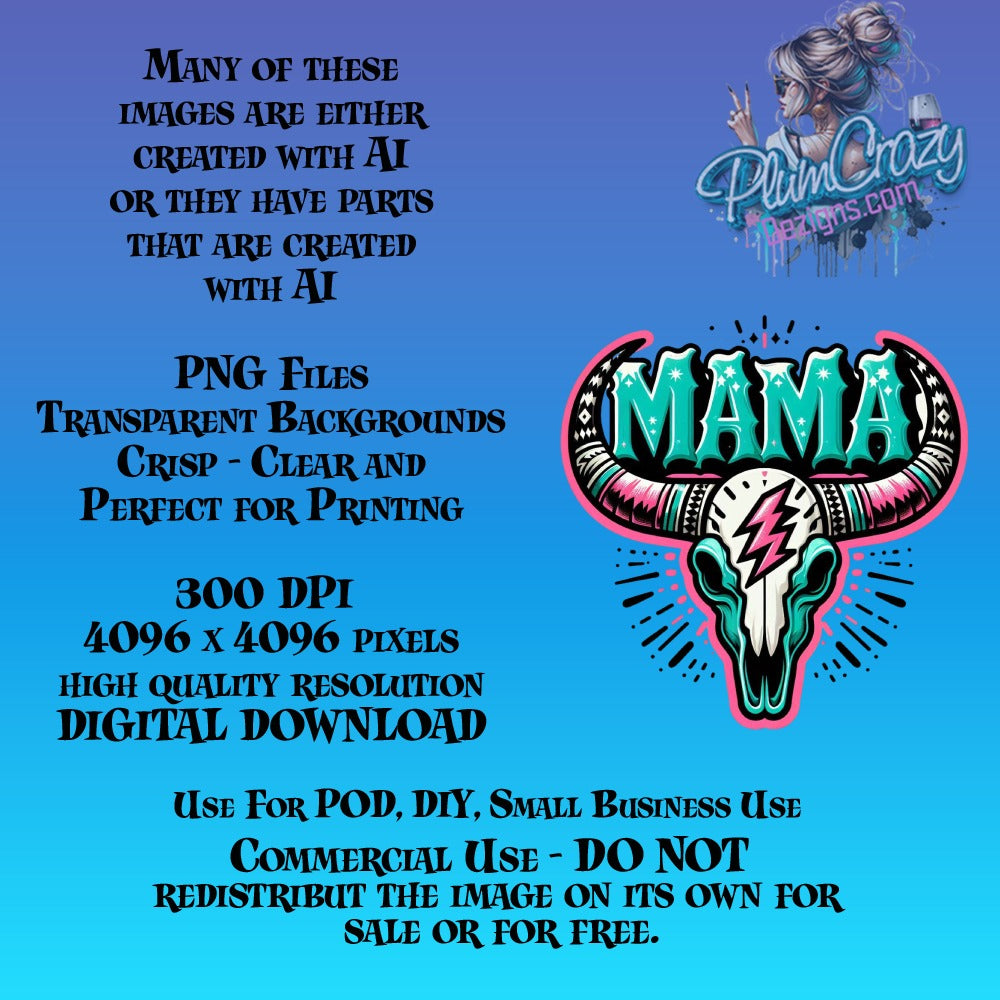 Mama Cow Skull T-Shirt Design, Digital Download, PNG, High Resolution, DIY Print, Commercial Use